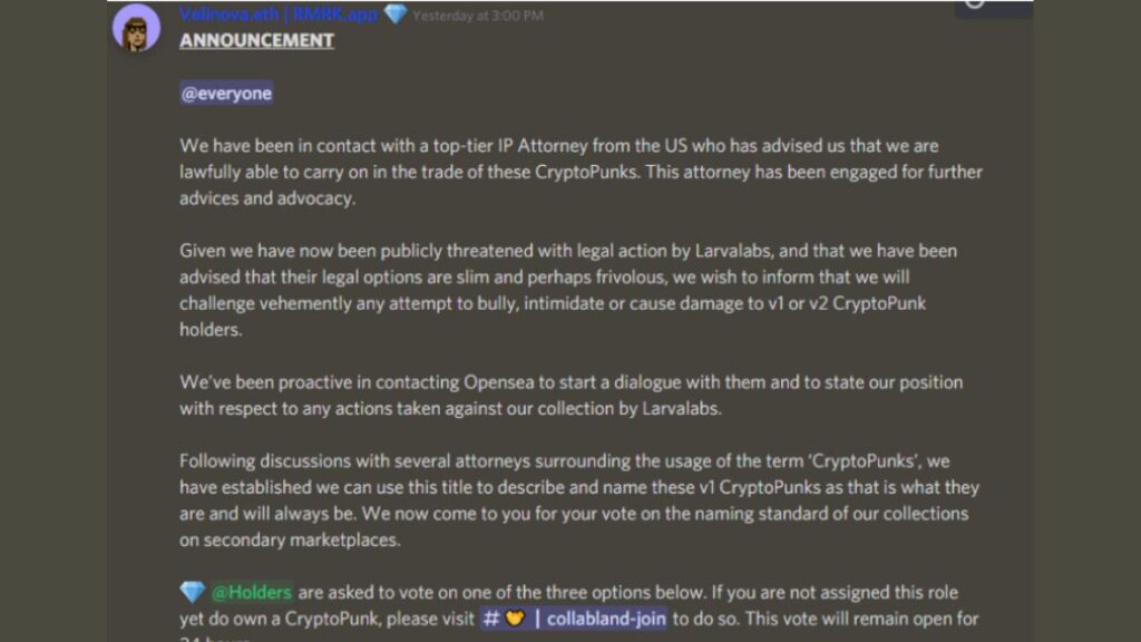 CryptoPunks V1 community announcement | Source: Discord
